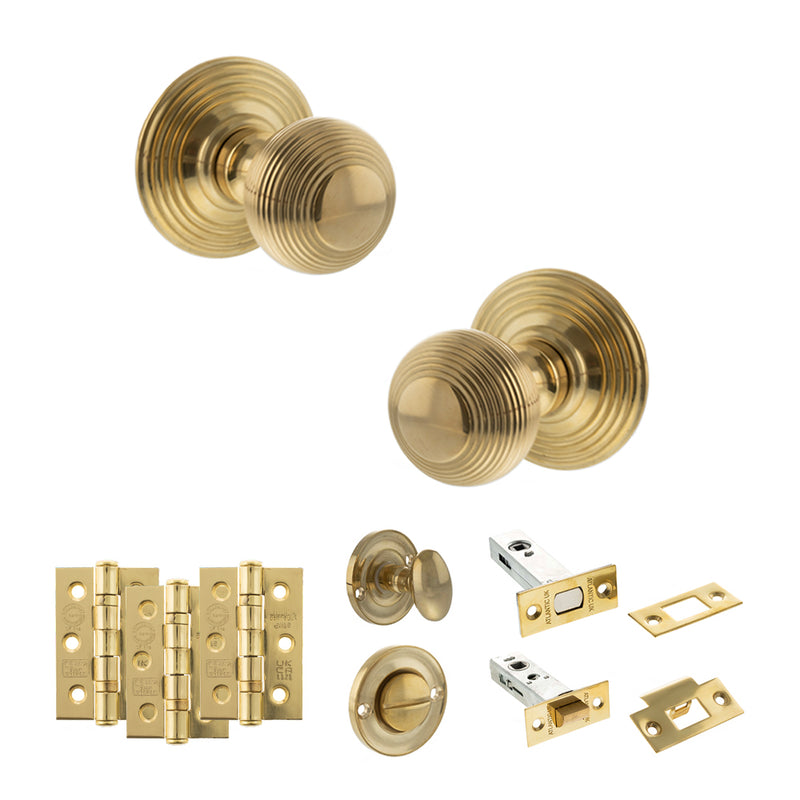 Old English Ripon Door Knob Pack (Bathroom Set - 3" Deadbolt, 3" Fire Rated Hinges x3) - Raw Brass
