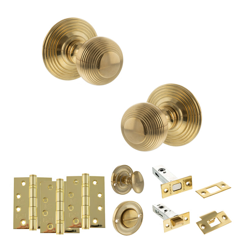 Old English Ripon Door Knob Pack (Bathroom Set - 3" Deadbolt, 4" Fire Rated Hinges x3) - Raw Brass