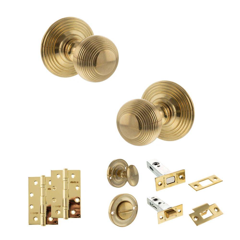 Old English Ripon Door Knob Pack (Bathroom Set - 3" Deadbolt, 4" Slim Knuckle Hinges x2) - Raw Brass