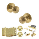 Old English Ripon Door Knob Pack (Lock Set - 3" Latch & Deadlock, 4" Fire Rated Hinges x3) - Raw Brass