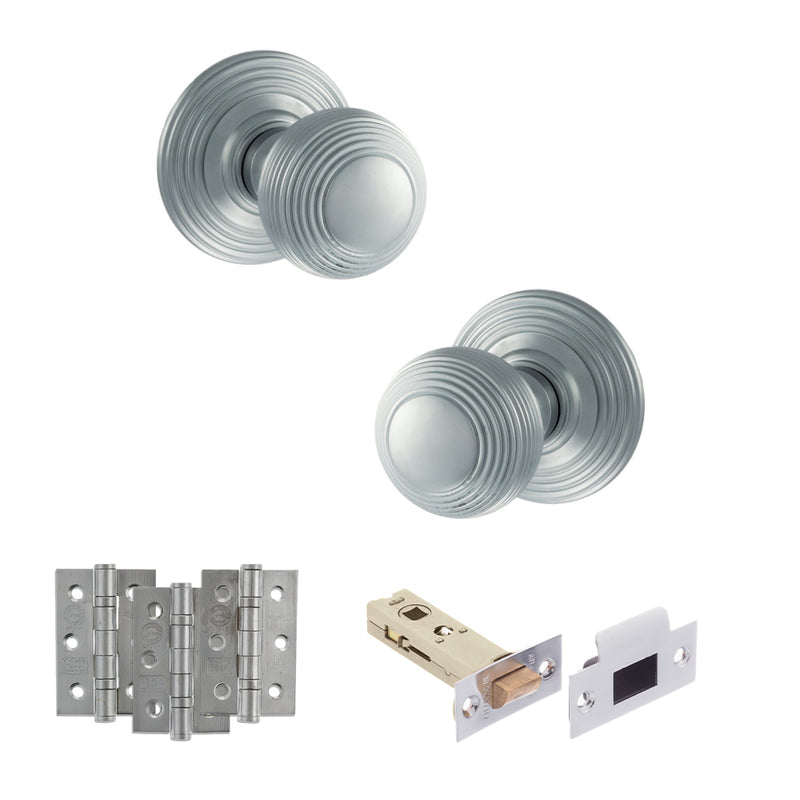 Old English Ripon Door Knob Pack (Latch Set - 3" HD Latch, 3" Fire Rated Hinges x3) - Satin Chrome