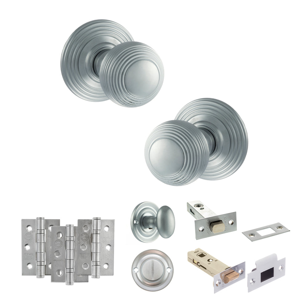 Old English Ripon Door Knob Pack (Bathroom Set - 4" Deadbolt, 3" Fire Rated Hinges x3) - Satin Chrome