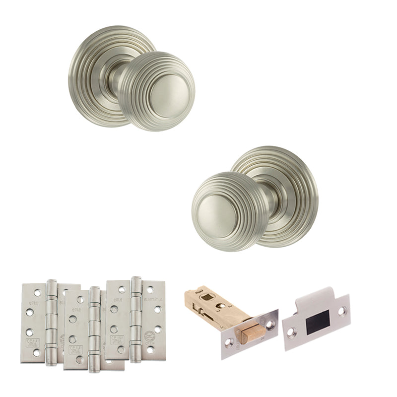 Old English Ripon Door Knob Pack (Latch Set - 4" HD Latch, 4" Fire Rated Hinges x3) - Satin Nickel