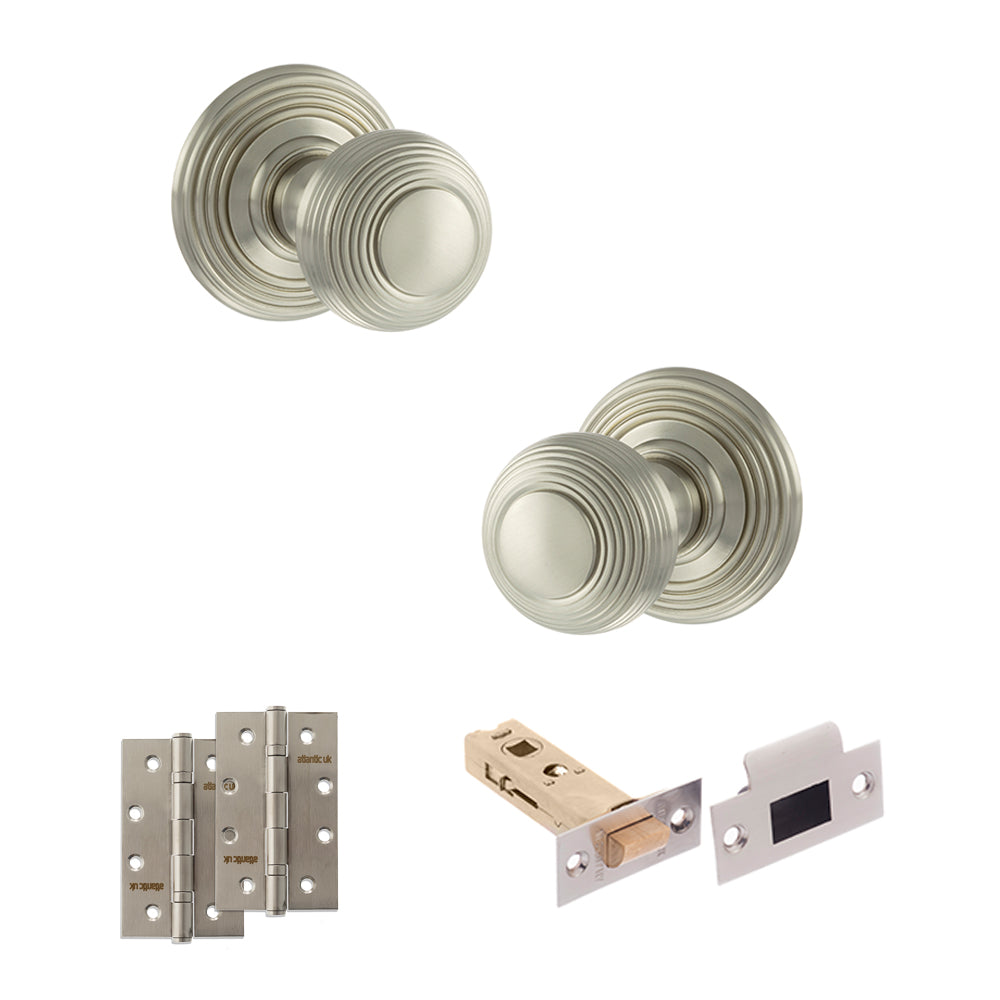 Old English Ripon Door Knob Pack (Latch Set - 4" HD Latch, 4" Slim Knuckle Hinges x2) - Satin Nickel