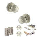 Old English Ripon Door Knob Pack (Lock Set - 3" Latch & Deadlock, 4" Slim Knuckle Hinges x2) - Satin Nickel