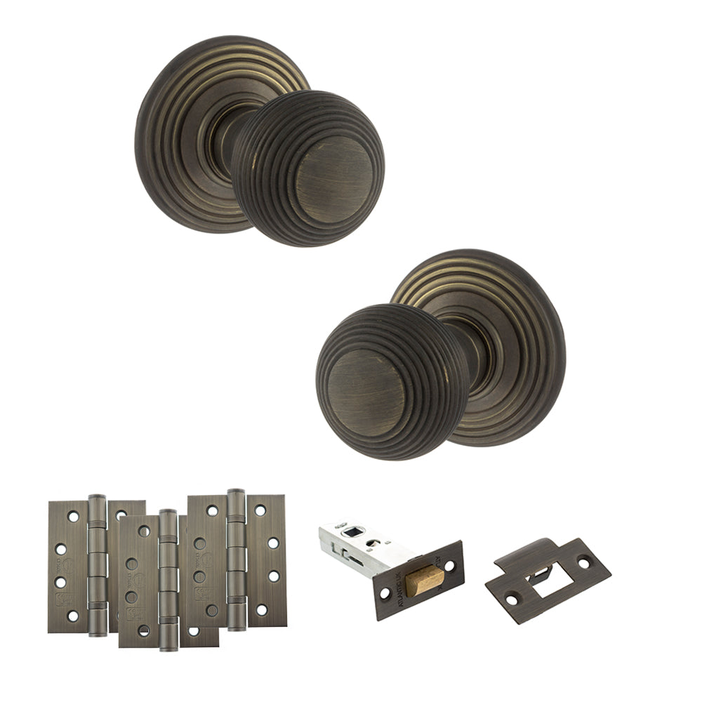 Old English Ripon Door Knob Pack (Latch Set - 4" HD Latch, 4" Fire Rated Hinges x3) - Urban Bronze
