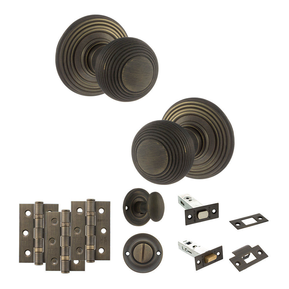 Old English Ripon Door Knob Pack (Bathroom Set - 4" Deadbolt, 3" Fire Rated Hinges x3) - Urban Bronze