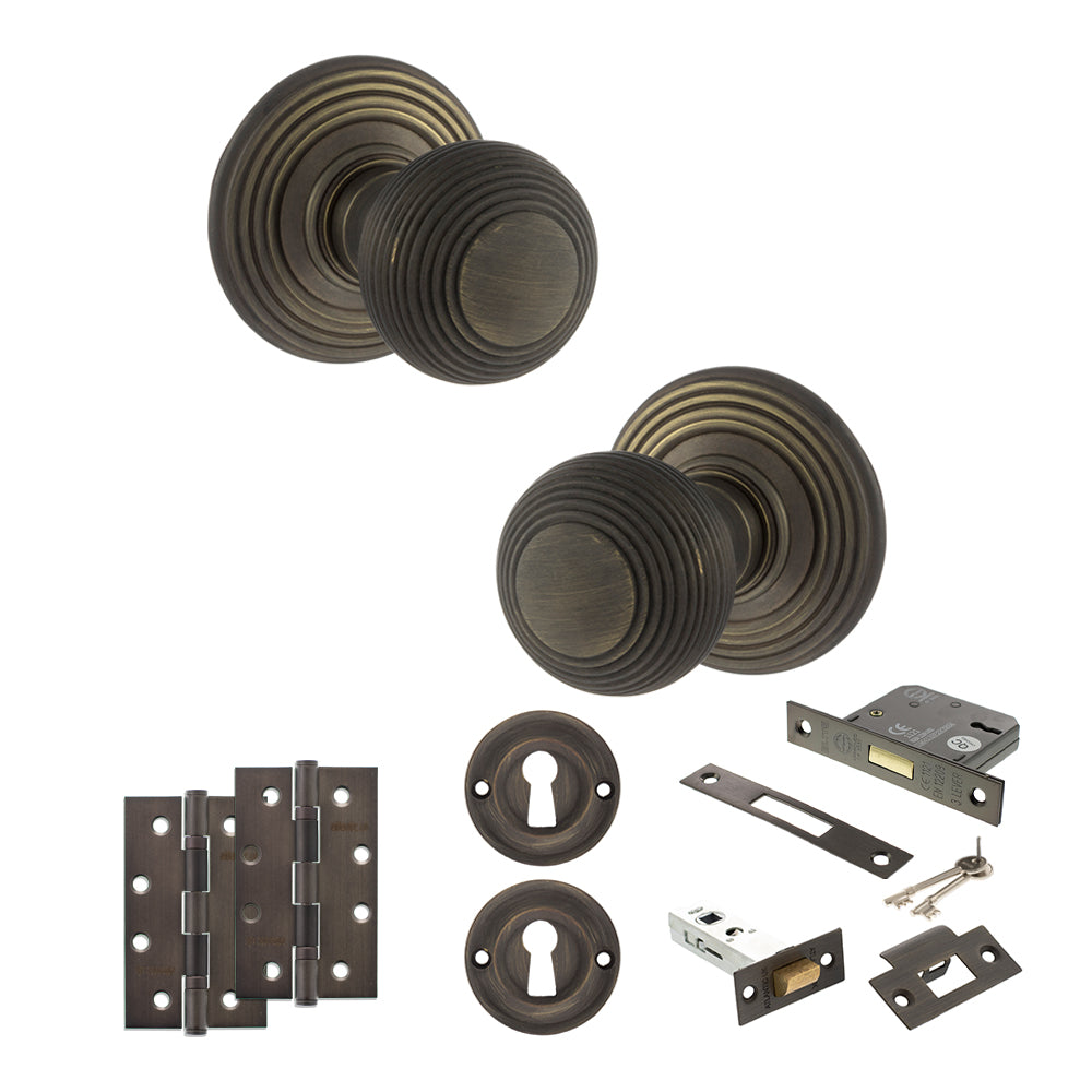 Old English Ripon Door Knob Pack (Lock Set - 3" Latch & Deadlock, 4" Slim Knuckle Hinges x2) - Urban Bronze