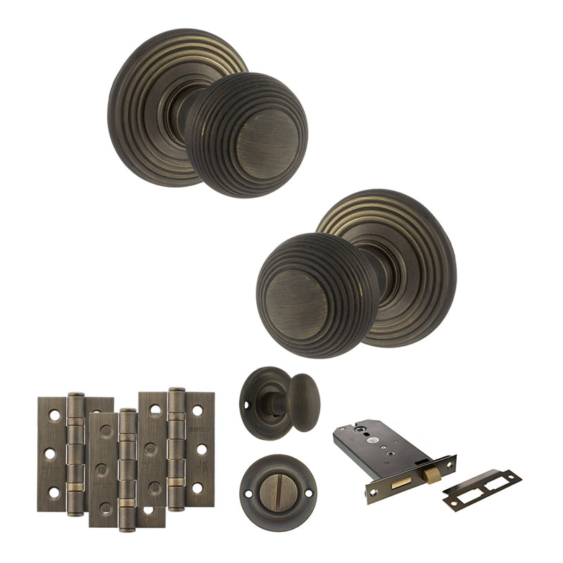 Old English Ripon Door Knob Pack (Lock Set - Horizontal Bathlock, 3" Fire Rated Hinges x3) - Urban Bronze