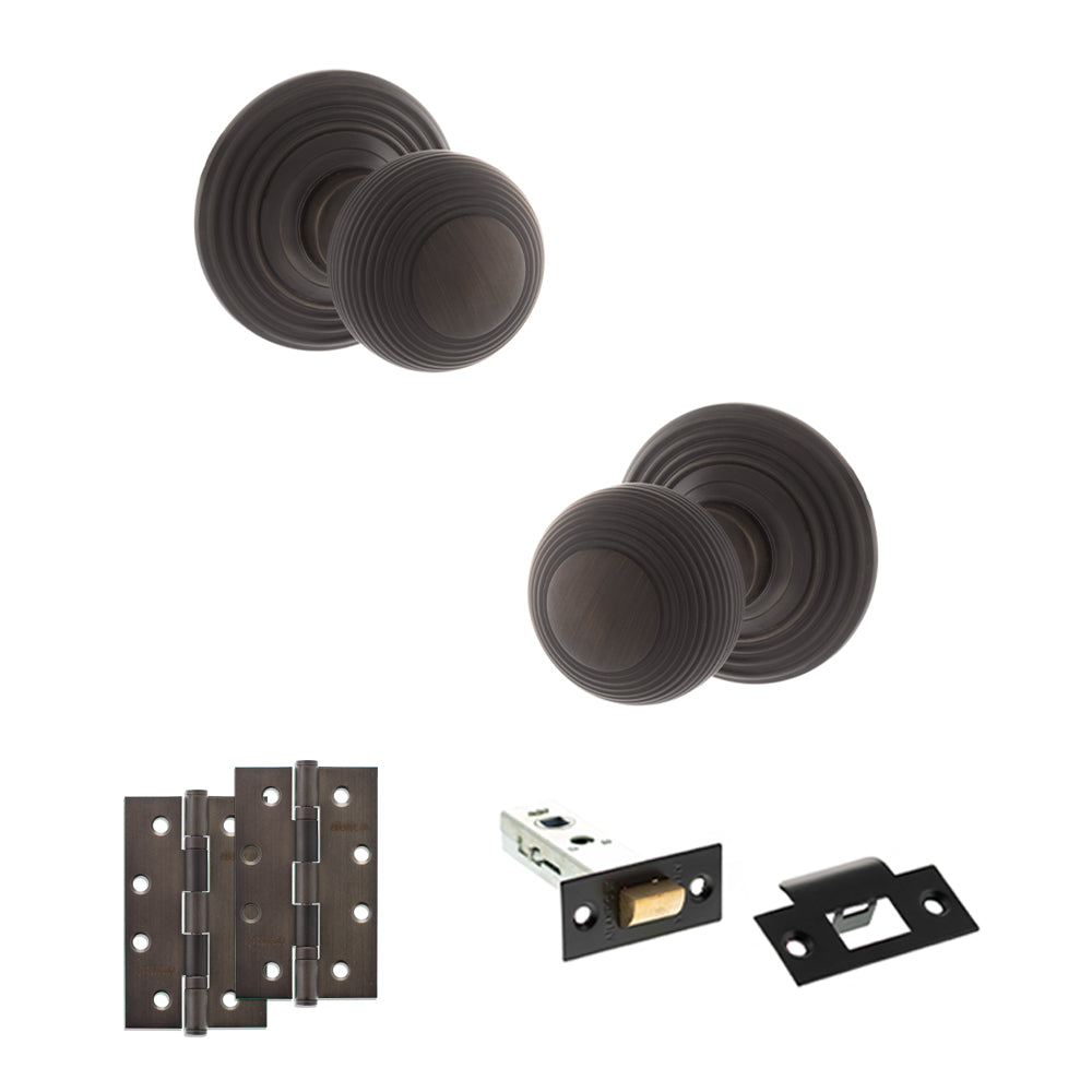 Old English Ripon Door Knob Pack (Latch Set - 4" HD Latch, 4" Slim Knuckle Hinges x2) - Urban Dark Bronze