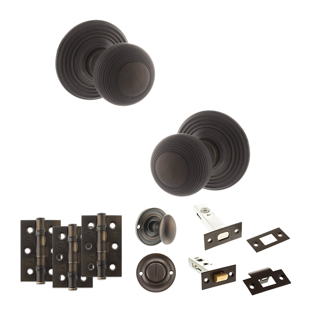 Old English Ripon Door Knob Pack (Bathroom Set - 4" Deadbolt, 3" Fire Rated Hinges x3) - Urban Dark Bronze