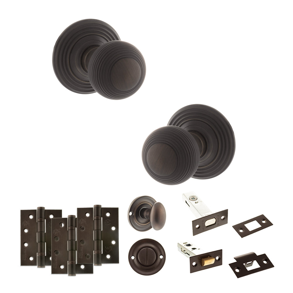 Old English Ripon Door Knob Pack (Bathroom Set - 3" Deadbolt, 4" Fire Rated Hinges x3) - Urban Dark Bronze
