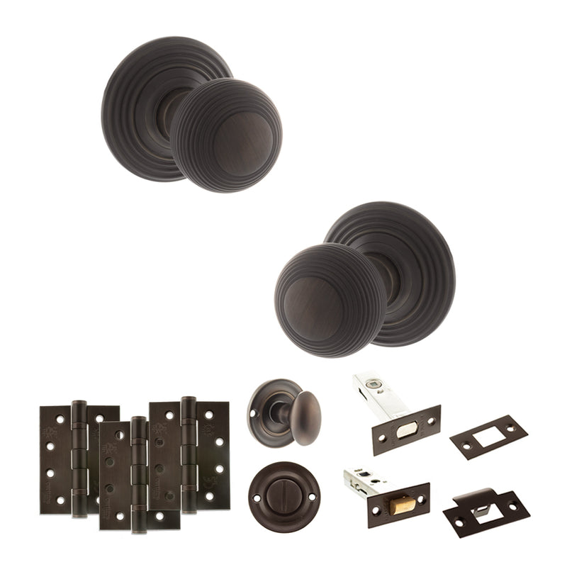 Old English Ripon Door Knob Pack (Bathroom Set - 3" Deadbolt, 4" Fire Rated Hinges x3) - Urban Dark Bronze