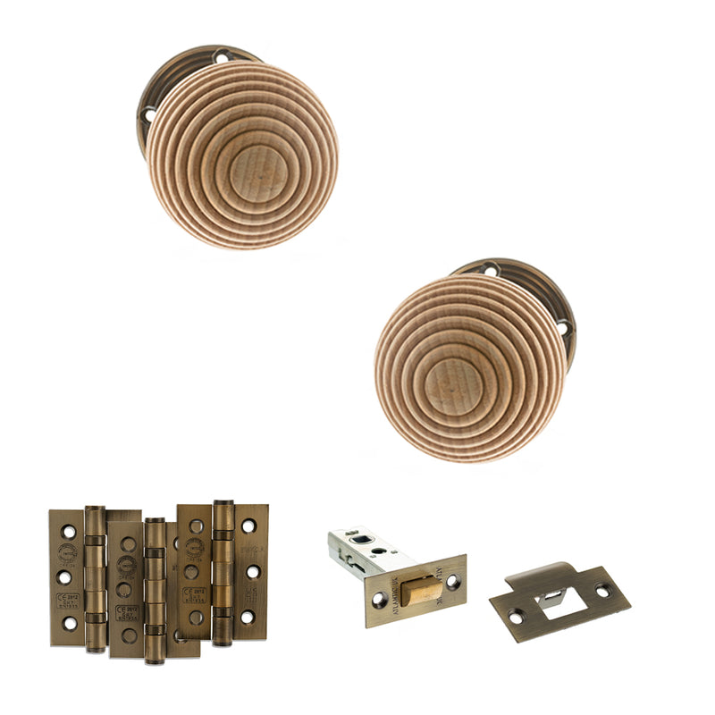Old English Bridlington Door Knob Pack (Latch Set - 4" HD Latch, 3" Fire Rated Hinges x3) - Antique Brass