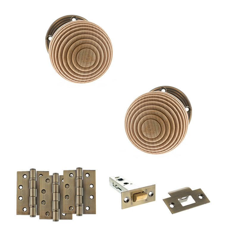 Old English Bridlington Door Knob Pack (Latch Set - 4" HD Latch, 4" Fire Rated Hinges x3) - Antique Brass