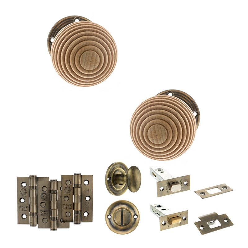 Old English Bridlington Door Knob Pack (Bathroom Set - 3" Deadbolt, 3" Fire Rated Hinges x3) - Antique Brass