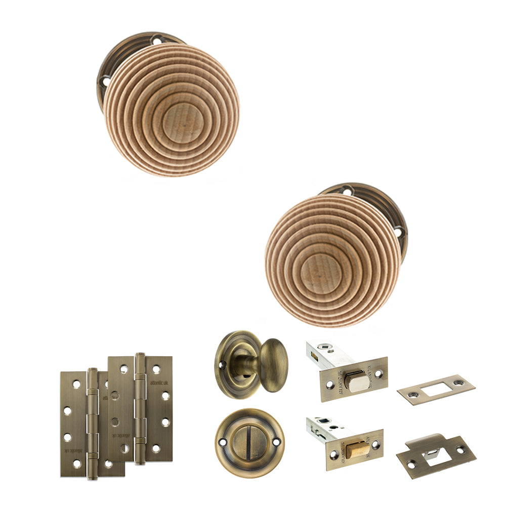 Old English Bridlington Door Knob Pack (Bathroom Set - 4" Deadbolt, 4" Slim Knuckle Hinges x2) - Antique Brass