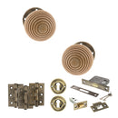 Old English Bridlington Door Knob Pack (Lock Set - 3" Latch & Deadlock, 3" Fire Rated Hinges x3) - Antique Brass
