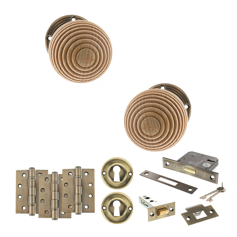 Old English Bridlington Door Knob Pack (Lock Set - 3" Latch & Deadlock, 4" Fire Rated Hinges x3) - Antique Brass