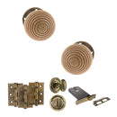 Old English Bridlington Door Knob Pack (Lock Set - Horizontal Bathlock, 3" Fire Rated Hinges x3) - Antique Brass
