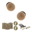 Old English Bridlington Door Knob Pack (Lock Set - Horizontal Sashlock, 4" Fire Rated Hinges x3) - Antique Brass