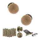 Old English Bridlington Door Knob Pack (Lock Set - Horizontal Bathlock, 4" Fire Rated Hinges x3) - Antique Brass