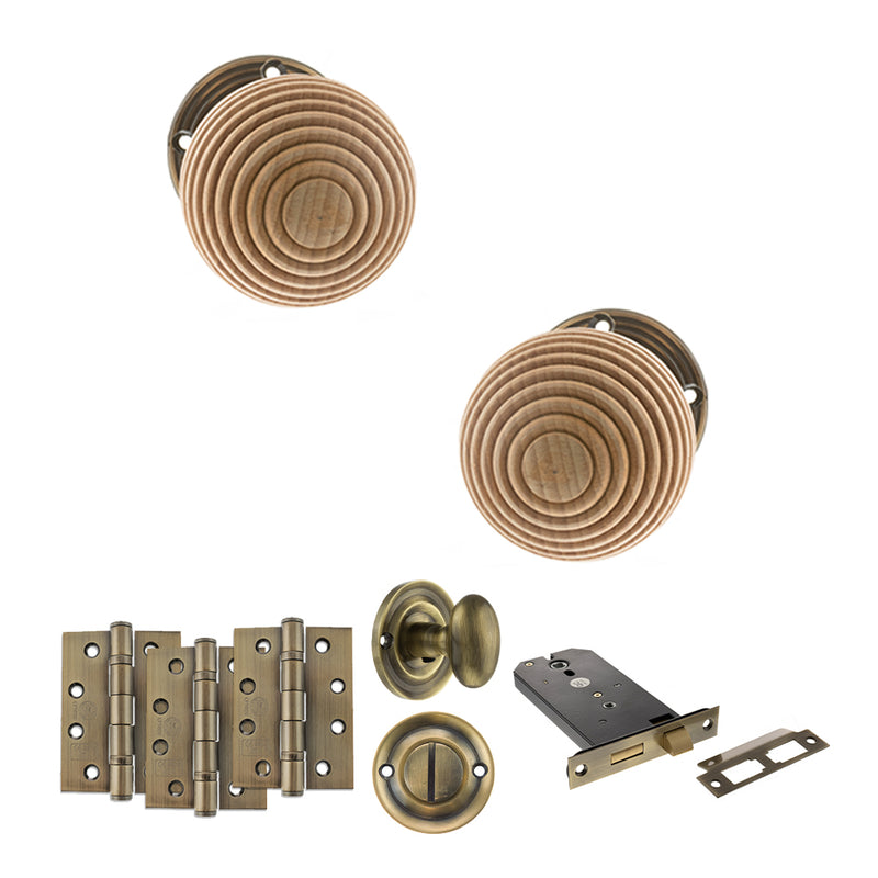 Old English Bridlington Door Knob Pack (Lock Set - Horizontal Bathlock, 4" Fire Rated Hinges x3) - Antique Brass