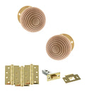 Old English Bridlington Door Knob Pack (Latch Set - 4" HD Latch, 4" Fire Rated Hinges x3) - Polished Brass