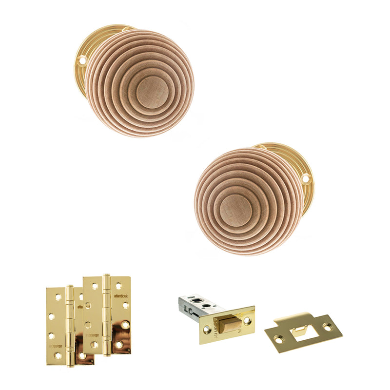 Old English Bridlington Door Knob Pack (Latch Set - 3" HD Latch, 4" Slim Knuckle Hinges x2) - Polished Brass