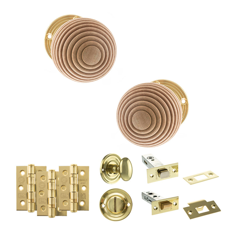 Old English Bridlington Door Knob Pack (Bathroom Set - 4" Deadbolt, 3" Fire Rated Hinges x3) - Polished Brass