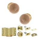 Old English Bridlington Door Knob Pack (Bathroom Set - 4" Deadbolt, 4" Fire Rated Hinges x3) - Polished Brass