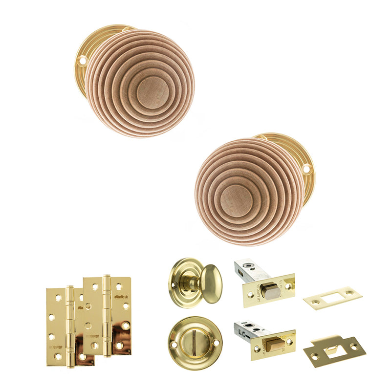 Old English Bridlington Door Knob Pack (Bathroom Set - 4" Deadbolt, 4" Slim Knuckle Hinges x2) - Polished Brass