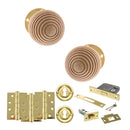 Old English Bridlington Door Knob Pack (Lock Set - 3" Latch & Deadlock, 4" Fire Rated Hinges x3) - Polished Brass