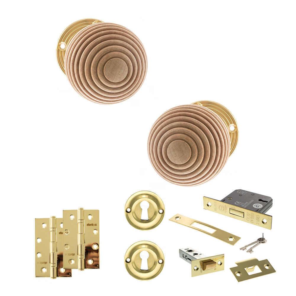 Old English Bridlington Door Knob Pack (Lock Set - 3" Latch & Deadlock, 4" Slim Knuckle Hinges x2) - Polished Brass