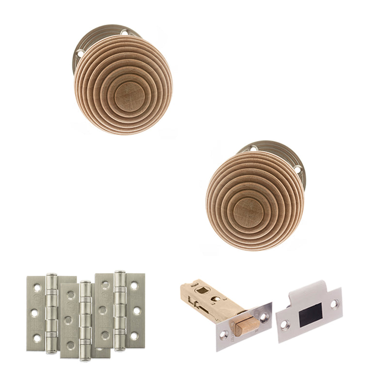 Old English Bridlington Door Knob Pack (Latch Set - 4" HD Latch, 3" Fire Rated Hinges x3) - Satin Nickel