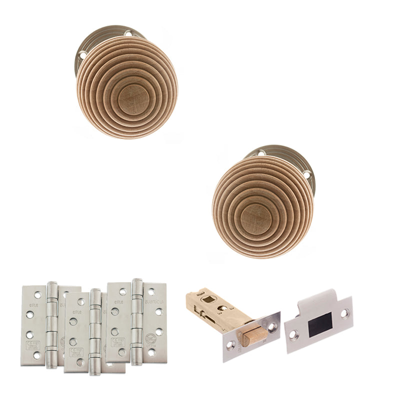 Old English Bridlington Door Knob Pack (Latch Set - 4" HD Latch, 4" Fire Rated Hinges x3) - Satin Nickel