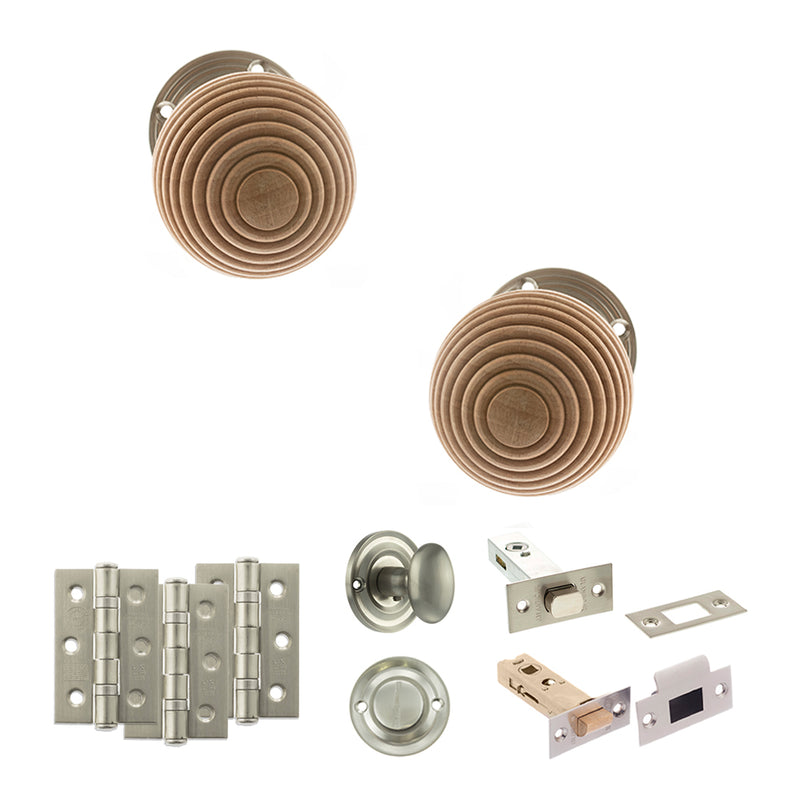 Old English Bridlington Door Knob Pack (Bathroom Set - 3" Deadbolt, 3" Fire Rated Hinges x3) - Satin Nickel