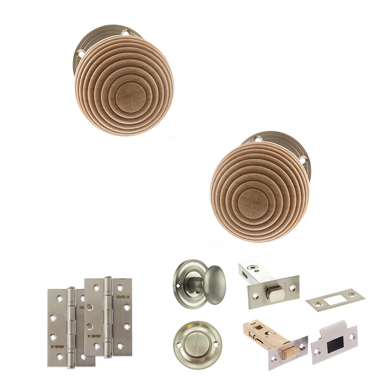 Old English Bridlington Door Knob Pack (Bathroom Set - 3" Deadbolt, 4" Slim Knuckle Hinges x2) - Satin Nickel