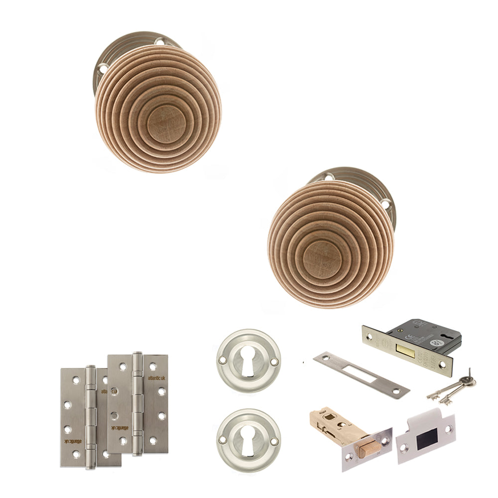 Old English Bridlington Door Knob Pack (Lock Set - 3" Latch & Deadlock, 4" Slim Knuckle Hinges x2) - Satin Nickel
