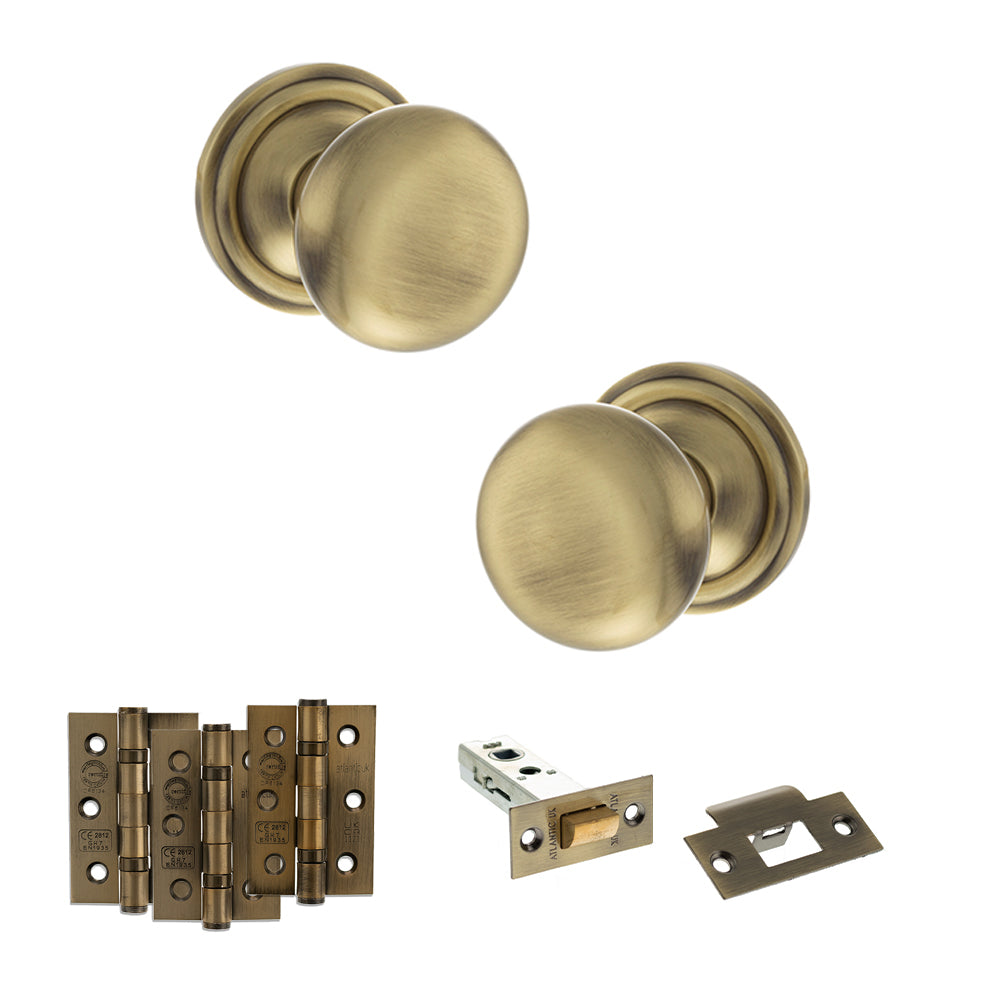 Old English Harrogate Door Knob Pack (Latch Set - 4" HD Latch, 3" Fire Rated Hinges x3) - Antique Brass