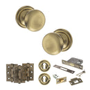 Old English Harrogate Door Knob Pack (Lock Set - 3" Latch & Deadlock, 3" Fire Rated Hinges x3) - Antique Brass