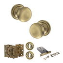 Old English Harrogate Door Knob Pack (Lock Set - Horizontal Sashlock, 3" Fire Rated Hinges x3) - Antique Brass