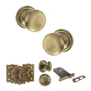 Old English Harrogate Door Knob Pack (Lock Set - Horizontal Bathlock, 3" Fire Rated Hinges x3) - Antique Brass