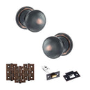 Old English Harrogate Door Knob Pack (Latch Set - 3" HD Latch, 3" Fire Rated Hinges x3) - Antique Copper