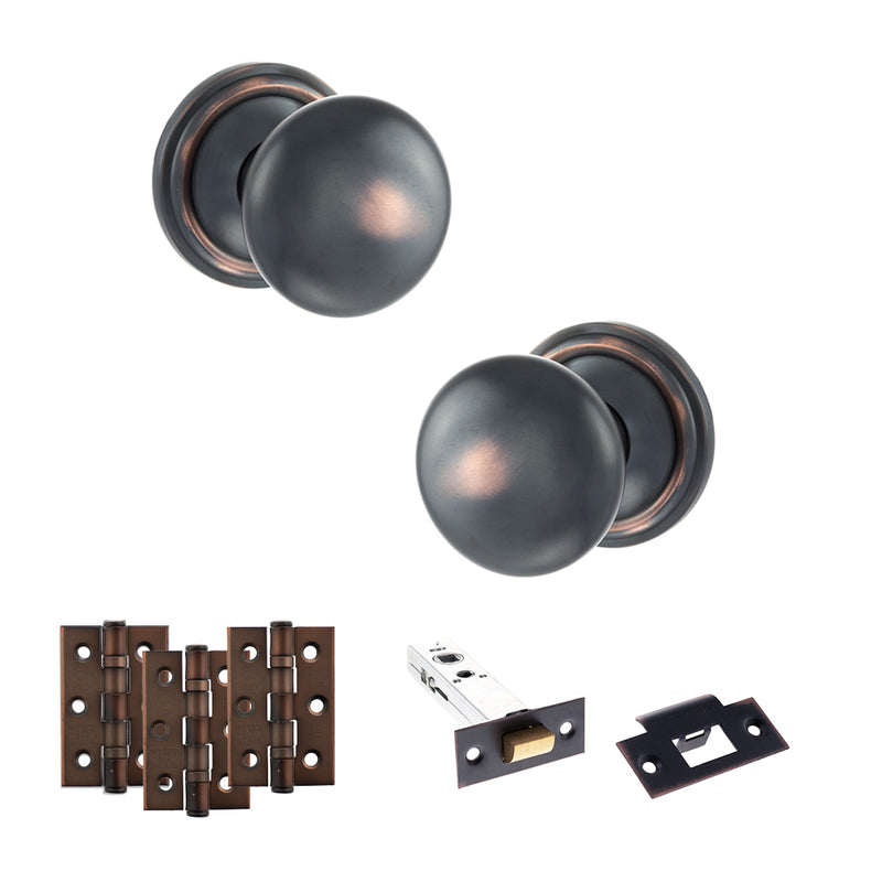 Old English Harrogate Door Knob Pack (Latch Set - 4" HD Latch, 3" Fire Rated Hinges x3) - Antique Copper