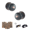 Old English Harrogate Door Knob Pack (Latch Set - 3" HD Latch, 4" Fire Rated Hinges x3) - Antique Copper