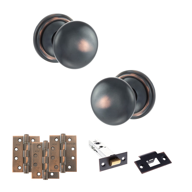 Old English Harrogate Door Knob Pack (Latch Set - 4" HD Latch, 4" Fire Rated Hinges x3) - Antique Copper