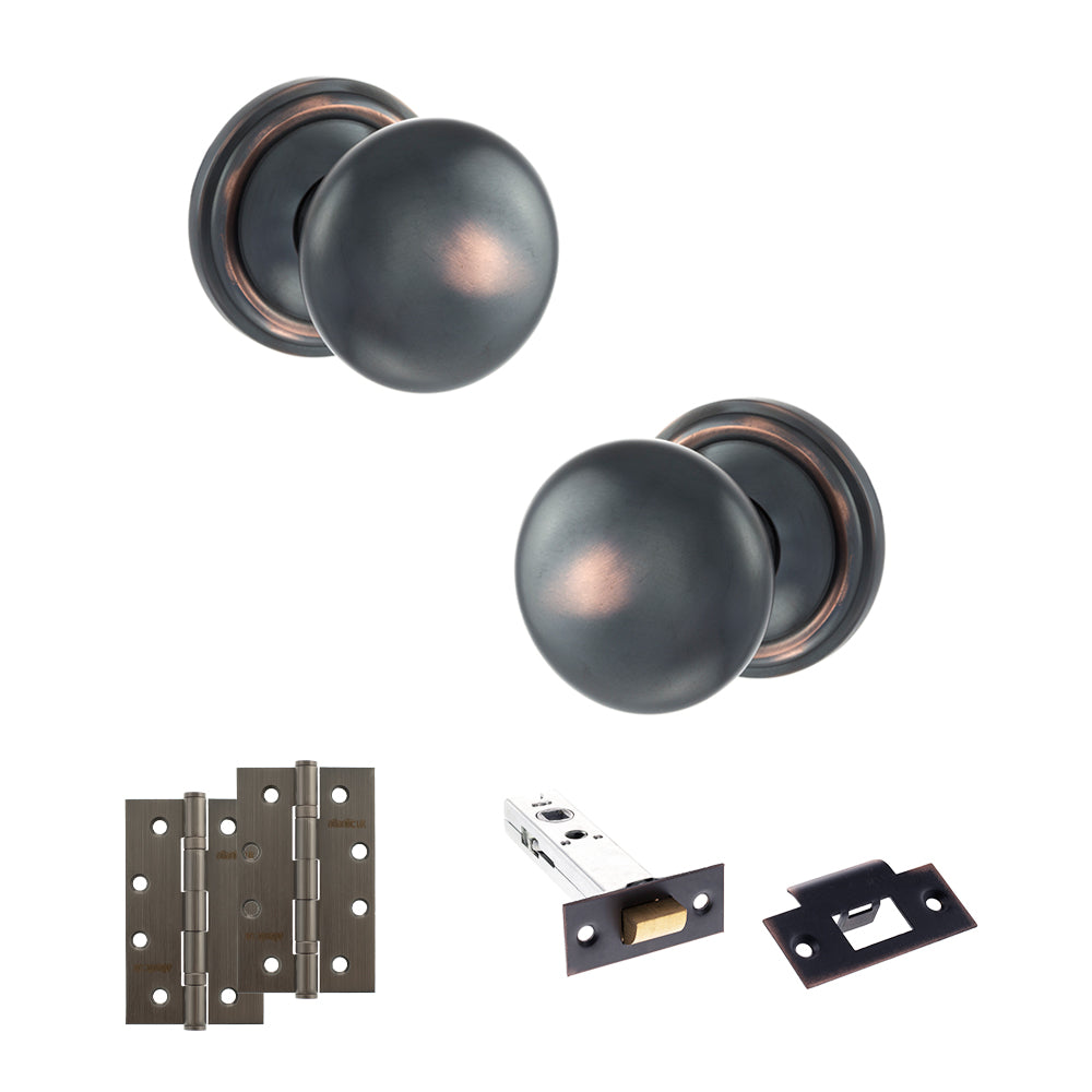 Old English Harrogate Door Knob Pack (Latch Set - 3" HD Latch, 4" Slim Knuckle Hinges x2) - Antique Copper