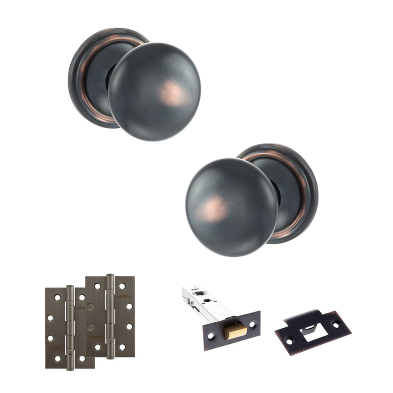 Old English Harrogate Door Knob Pack (Latch Set - 3" HD Latch, 4" Slim Knuckle Hinges x2) - Antique Copper