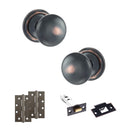 Old English Harrogate Door Knob Pack (Latch Set - 4" HD Latch, 4" Slim Knuckle Hinges x2) - Antique Copper